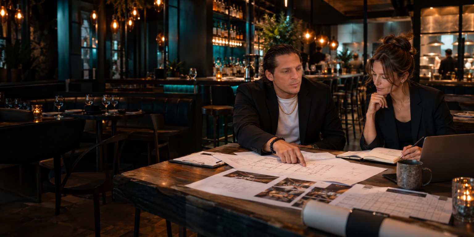 Hospitality professionals reviewing a venue plan and menu together before service